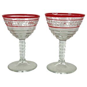 2 Vintage Etched Glass Goblets Red Rim Stripe Wine Cordial Bubble Stem Set pair